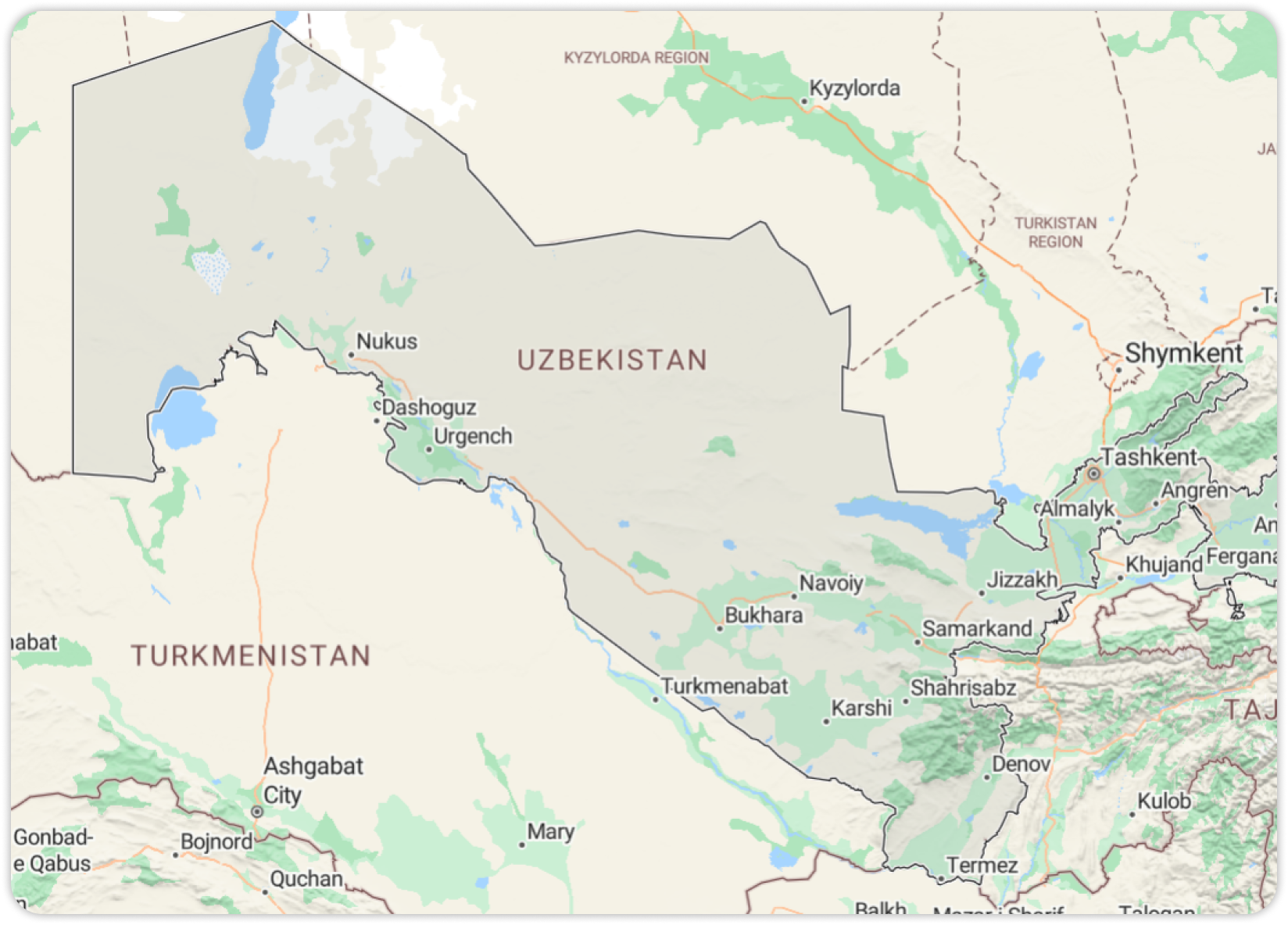 Peta letak wilayah Uzbekistan